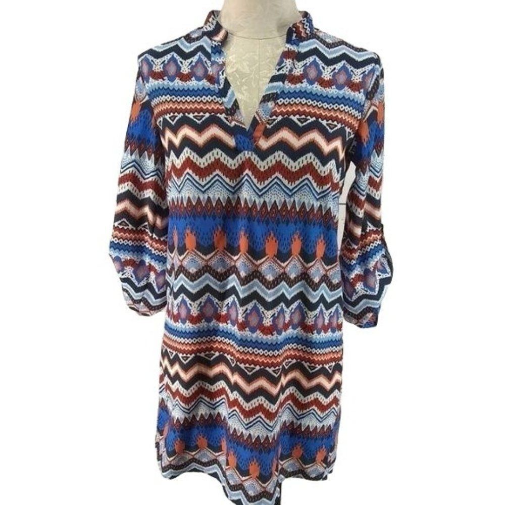 Almost Famous Blue Orange Geometric Chevron Ikat Roll‎ Tab Sleeve Shift Dress S